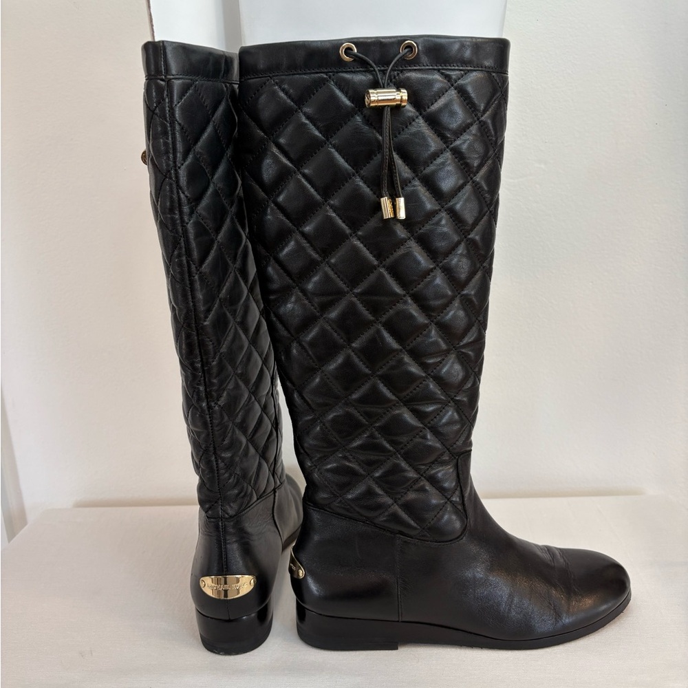 Leather Michael Kors Black Quilted Knee-High Boots with Gold Hardware 7M